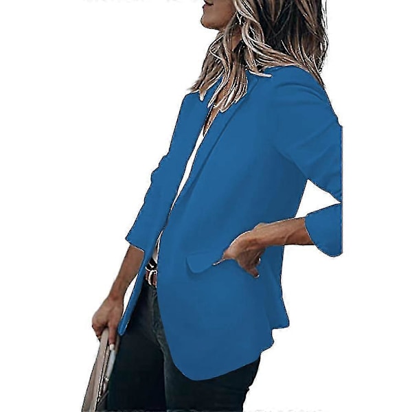 Dame Ensfarvet Åben Front Revers Blazer Langærmet Arbejde Kontor Cardigan Jakke Blue M