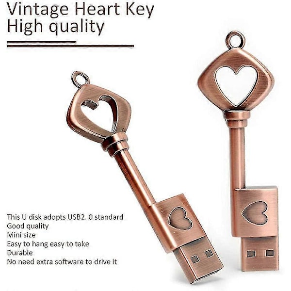 32GB USB 2.0 Flash Drive, Retro Metall Kärlekshjärta Nyckelformad USB-minne, USB-penndrive Ren Koppar Us