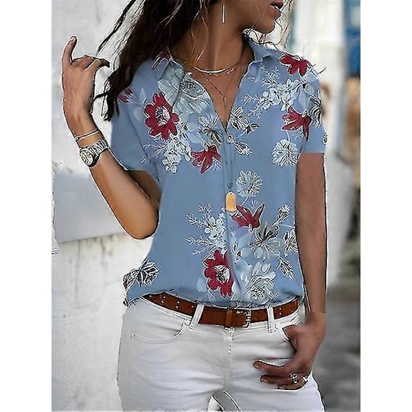 Elegant Chiffongblus för Dam i Stora Storlekar med Nedfälld Krage - 2023 Vardags- och Arbetskläder i 5xl Blue-short sleeve M
