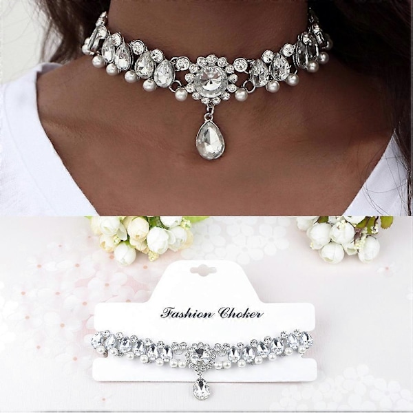 Elegant Halskjede Charm Simulert Perle og Rhinestones Perler Choker Halskjede for Kvinner (Sølv)
