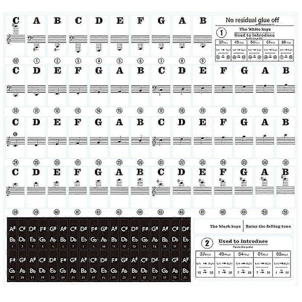 Pianon koskettimistotarrat 49/54/61/88 valkoiselle ja mustalle koskettimelle, musiikki elektronisen pianon koskettimiston nuottitarrat