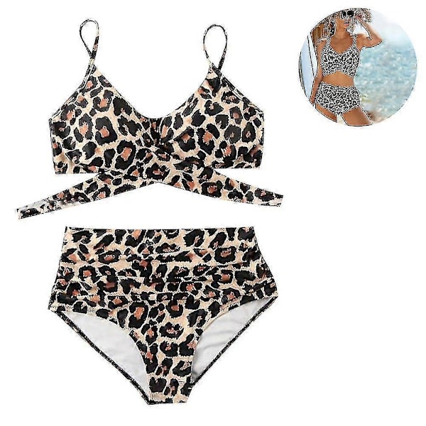 Højtaljet bandage bikini sæt til kvinder, wrap todelt push up badedragter krydsmønster dame badetøj Leopard M