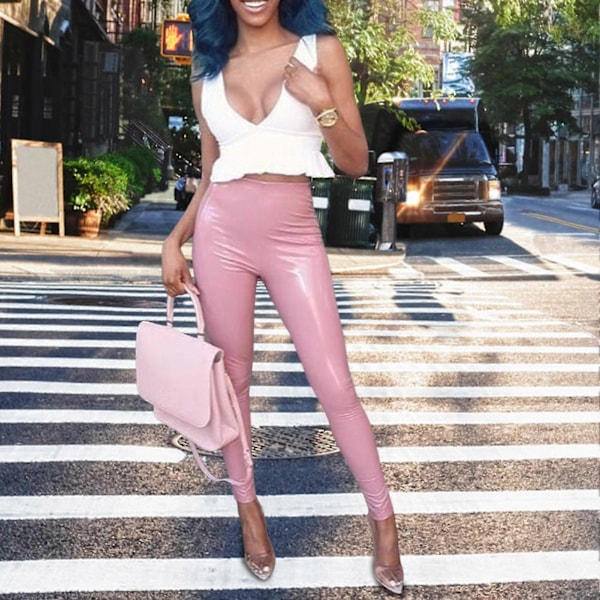 Högmidjade Läderleggings Enfärgade Ankelkorta PU Leggings För Höst Vår Vinter Pink M