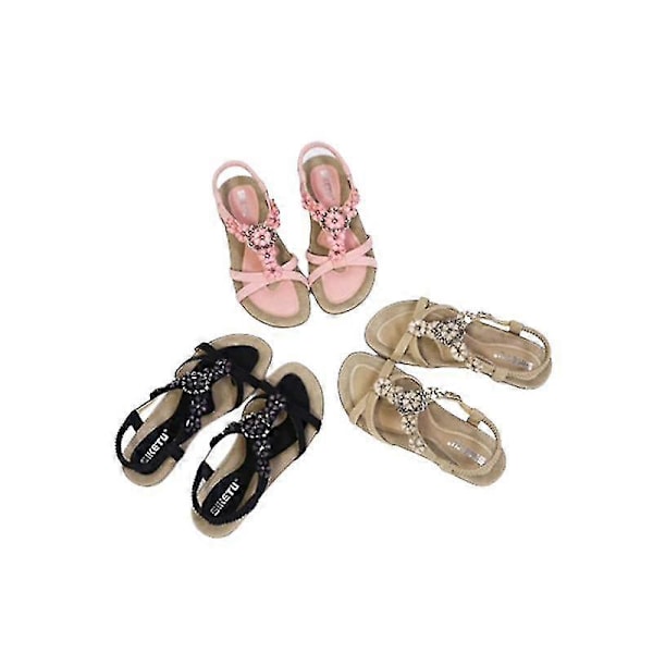 Dame Rhinestone Sandaler, T-stropp Spenne Perle Krystall Flate Sandaler Beige 42