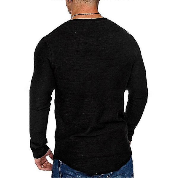 Miesten yksivärinen pyöreäkauluksinen t-paita, rento, pitkähihainen, slim fit, lihaksia korostava Black 2XL