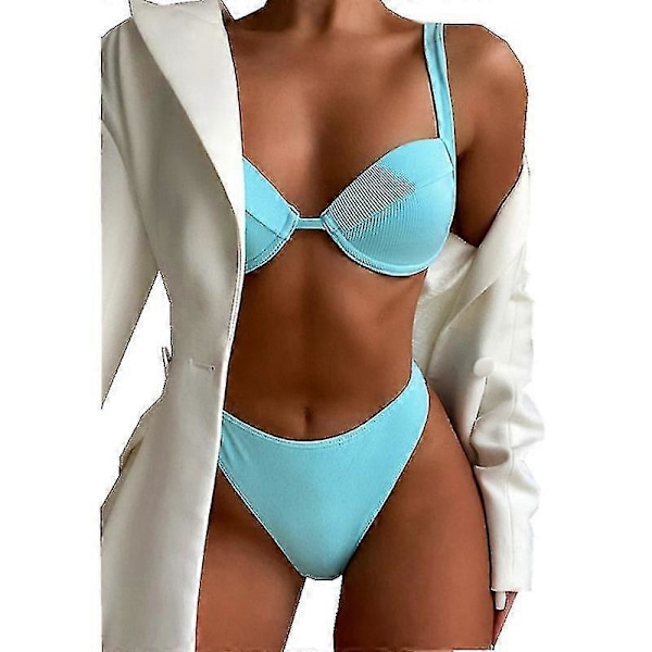 Bikinisett for kvinner med trekantbikini og cover-up, sexy strandklær, todelt badedrakt i ensfarget farge BLUE S