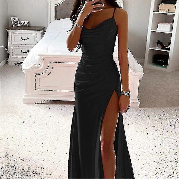 Dame Lang Maxikjole Cowl Neck Aftenkjole Ærmeløs Satin Slip Kjole Fest Casual Black 2XL