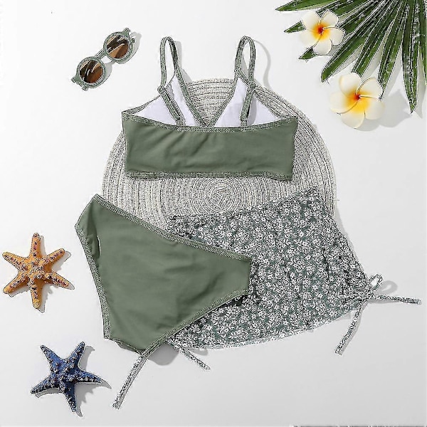 Sommar Tankini Set för Små Flickor, 3 Delar/set, Strand Surf Badkläder 8-12 År, Vadderad Bikini Baddräkt Set för Barn green 140