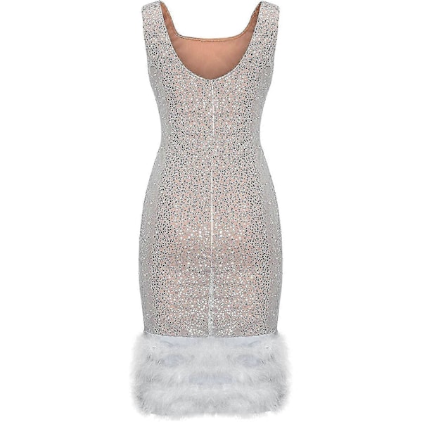 Cocktailkjoler til kvinder Sexet dyb V-hals Allover Frynser Spaghetti Stropper Kjole Pailletter Fjer Prom Festkjole 5-white X-Large