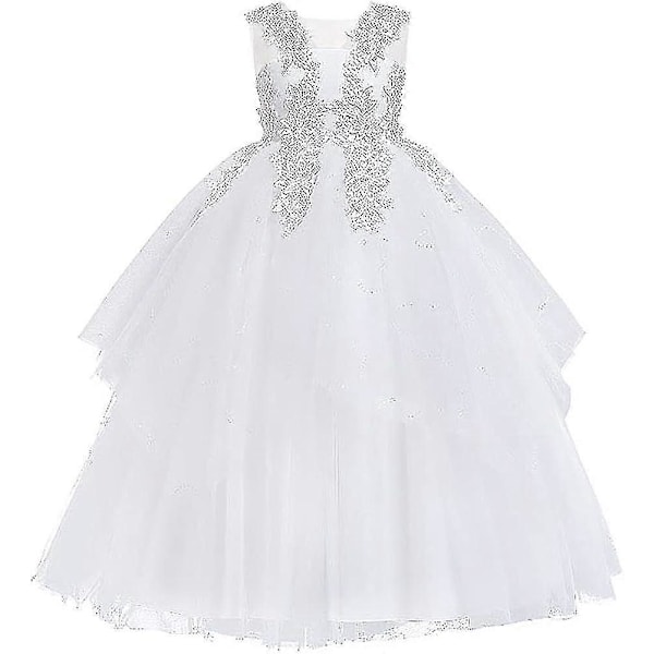 Blomsterflickaklänningar Ärmlös Blommig Spets Prinsessa Tyll Tutu Junior Brudtärna Bröllop Första Kommunion Fest Tävling Födelsedagsfest Maxi Balklänning White 7 8 Years