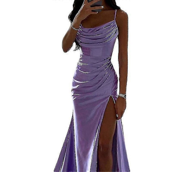 Dame Lang Maxikjole Cowl Neck Aftenkjole Ærmeløs Satin Slip Kjole Fest Casual Light Purple 2XL