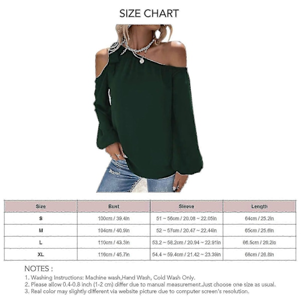 Dam Topp Cold Shoulder Knytblus Enfärgad Lykta Ärm Elastisk Manschett Chiffong Elegant Casual Blus Skjorta Dark Green M