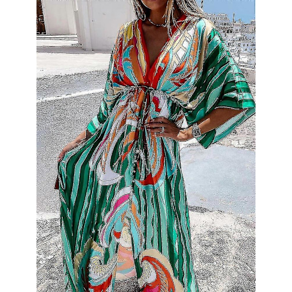 Sommar Maxi Klänning För Kvinnor Boho Tryck Bikini Överdrag Strandklänning Sexig Blommig Tunika Lång Klänning Baddräkt Vestido Feminino orange XL