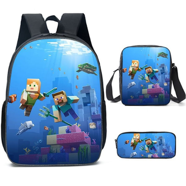 3 kpl/setti MINECRAFT 3D-tulostetut lasten reput Tyttöjen poikien reput Lasten koululaukut Sarjakuva-aiheinen lastentarhareppu Sky Blue 16 Inches