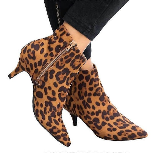Dame Ankelstøvler med Lynlås, Lav Kittenhæl og Spids Tå Leopard Print 41
