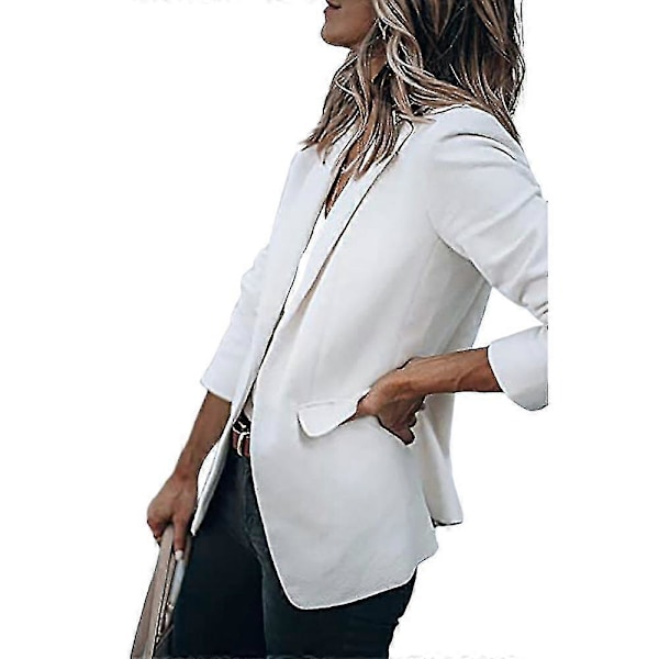 Dame Ensfarvet Åben Front Revers Blazer Langærmet Arbejde Kontor Cardigan Jakke White M