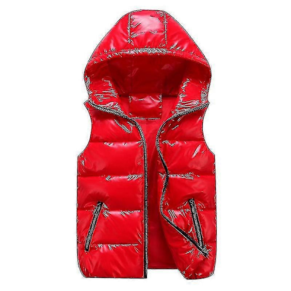 Unisex Glänsande Vadderad Väst med Huva Ståkrage för Män och Kvinnor Red XS
