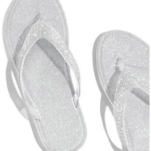 Glittriga platta slip-on tofflor med strass för damer, strandtofflor Silver 35