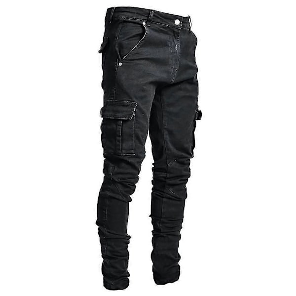 Miesten Skinny Cargo Combat Denim Farkut Rento Slim Fit Housut Black M