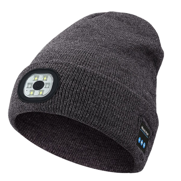 Bluetooth mössa med ljus, unisex USB uppladdningsbar 6 led pannlampa hatt med trådlösa hörlurar Gray
