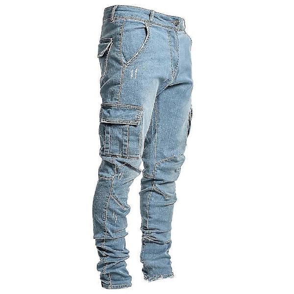 Miesten Skinny Cargo Combat Denim Farkut Rento Slim Fit Housut Blue S