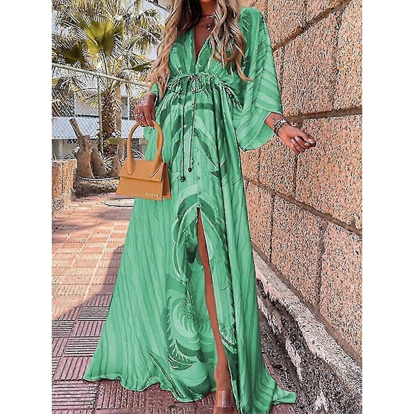 Sommer Maxi Kjole Til Kvinder Boho Print Bikini Cover Ups Strand Sommerkjole Sexet Blomstret Tunika Lang Kjole Badedragt Vestido Feminino green M