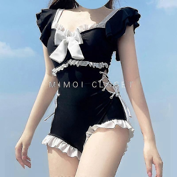 Kawaii Baddräkt Dam Bikini En-delad Monokini Sexig Push Up Ny Koreansk Mode Badkläder Flickor Vadderad Strandkläder Simning Sommar Black XL(55-60kgs)