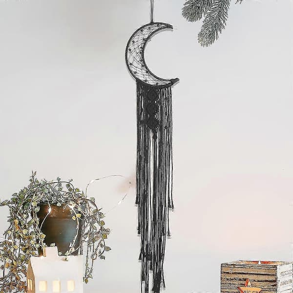 2 st Svarta Handgjorda Macrame Drömfångare Måne Och Stjärnor Tapestry, Boho Bomull Vävd Väggbonad H