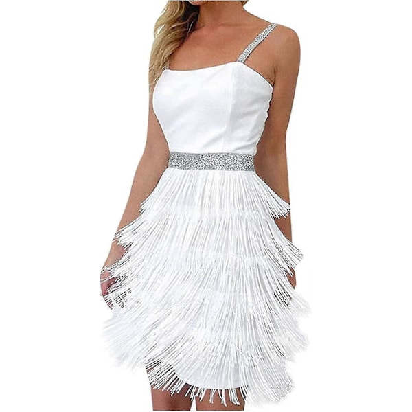 Cocktailkjoler til kvinder Sexet dyb V-hals Allover Frynser Spaghetti Stropper Kjole Pailletter Fjer Prom Festkjole 6-white Large