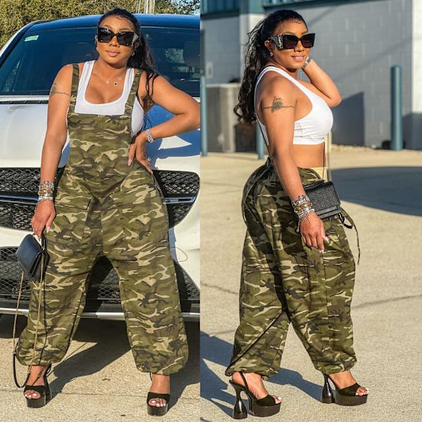 Sommar dam hängselbyxor kamouflage tryckta lösa jumpsuit Army Green Camouflage M