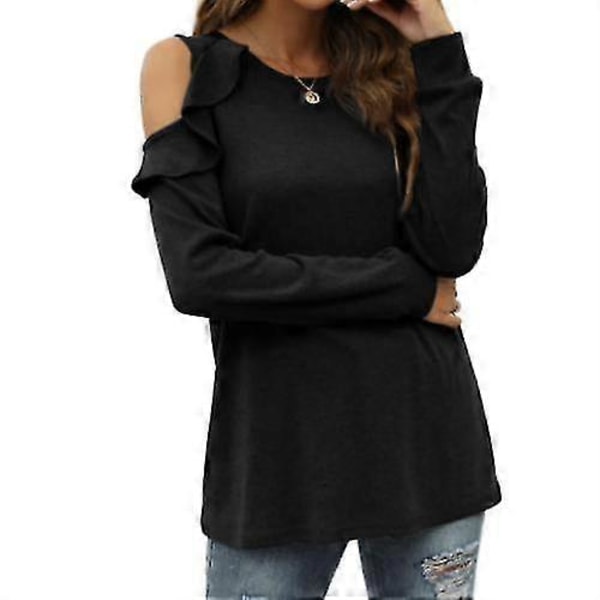 Dame Langærmet Afslappet Løs Skjorte, Strikket Off-the-shoulder Top Blue M