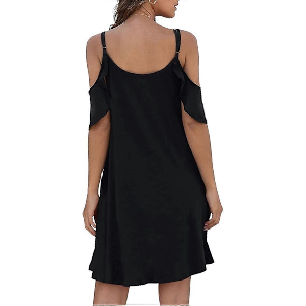 Sommerkjoler Dame Sommer Afslappet Kjole Kold Skulder Flæseærmer Kjoler Med Lomme Black XL