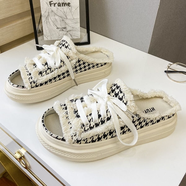 Dame Lærred Flade Hjemmesko 2023 Nye Dame Snørebånd Casual Sko Kvinde Mode Platform Hjemmesko Dame Denim Strand Åben Tå Sandaler lattice 36