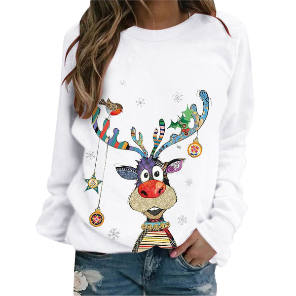 Jul Kvinnor Färgglada Print Långärmad tröja T-shirt Casual Lös blusskjortor Xmas Crew Neck Pullover Toppar White M