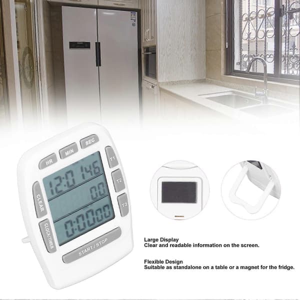 Trippel Timer Ur Nedtælling Op 4.0x4.4cm LCD Display Multifunktionel Hvid Indbygget Batteri