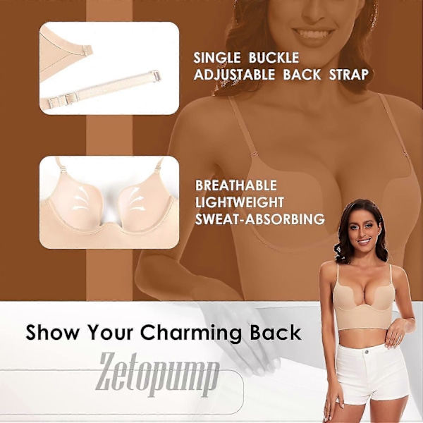 Låg Rygg BH för Kvinnor - Sömlös Djup U Urringning Rygglös BH Konvertibel Multiway Låg Skärning Öppen Rygg BH Halter BH Nude 34C