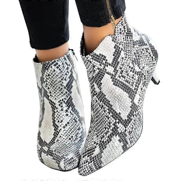 Dame Ankelstøvler med Lynlås, Lav Kittenhæl og Spids Tå Snake Print 41