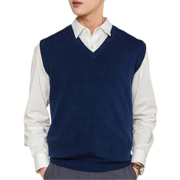 Ärmlös Lös Varm Tröjväst Herr V-ringad Pullover Västar Navy Blue M