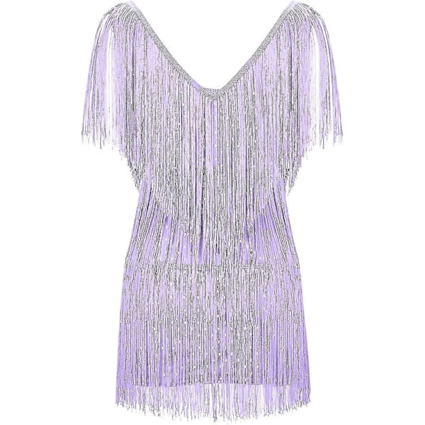 Cocktailklänningar för Kvinnor Sexig Djup V-ringning Heltäckande Fransar Spaghettiband Klänning Paljetter Fjäder Bal Festklänning 2-purple X-Large