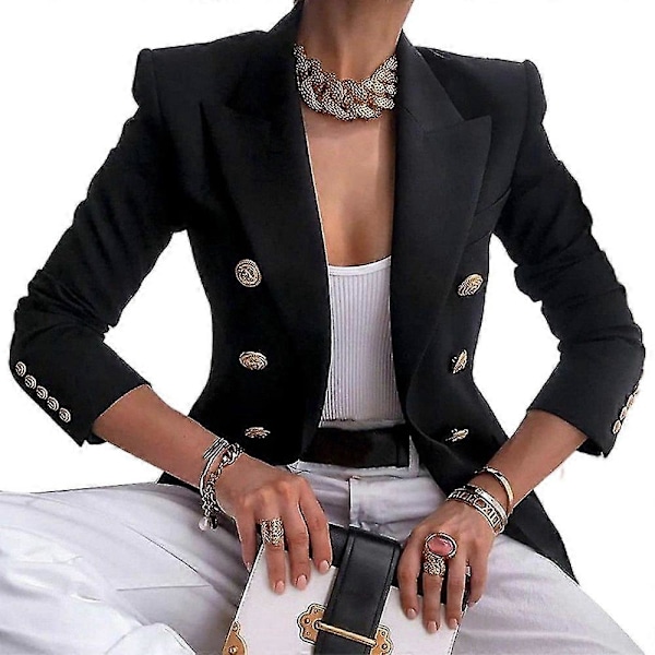 Dame Dobbeltradet Blazer Jakke Langærmet Revers Frakke Efterår Afslappet Slim Fit Jakke Overtøj Black 3XL