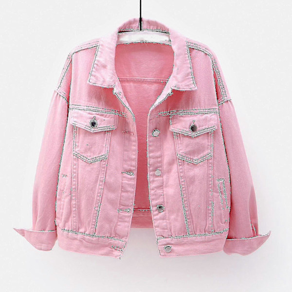 Dam Vår Och Höst Jackor Varm Enfärgad Långärmad Jeansjacka Ytterkläder Pink S