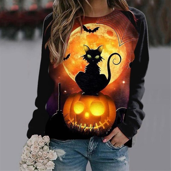 Kvinnor Halloween sweatshirts Pumpa Face Dans Skelettskjorta Långärmad tröja Rolig grafisk tröja style 7 3XL