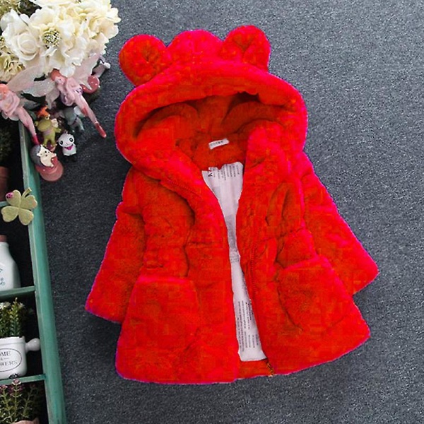 Baby Barn Flickor Fuskpäls Fluffig Hooded Bunny Ears Kappa Toddler Vinter Varm plyschjacka Ytterkläder Red 3-4 Years