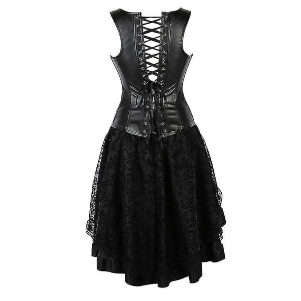 Tflycq Steampunk Straps Korsett Gotisk Sexig Dam konstläder Overbust Korsett Bustier Klänning med asymmetrisk blommig spetskjol Set Svart