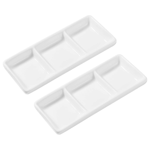 BESTONZON 2 stk. 15 cm Ren Hvid Keramisk 3-rums Appetizer Serveringsbakke Rektangulære Opdelte Sauce Skåle til Krydderiskål Soyasovs