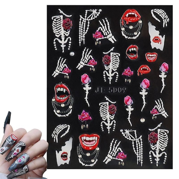 Halloween Negle Klistermærker Halloween 5d Knogle Kranie Design Negle Stickers Selvklæbende Uhuggende Cosplay Diy Negle Kunst Dekorationer Til JI5D09