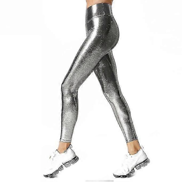 Metallic Leggings til Kvinder Skinnende Bukser Højtaljede Leggings silver XL
