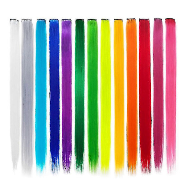 13 stk. Farvede Party Highlights Farverige Hår Extensions 55cm Lige Syntetiske Hårstykker, Regnbue
