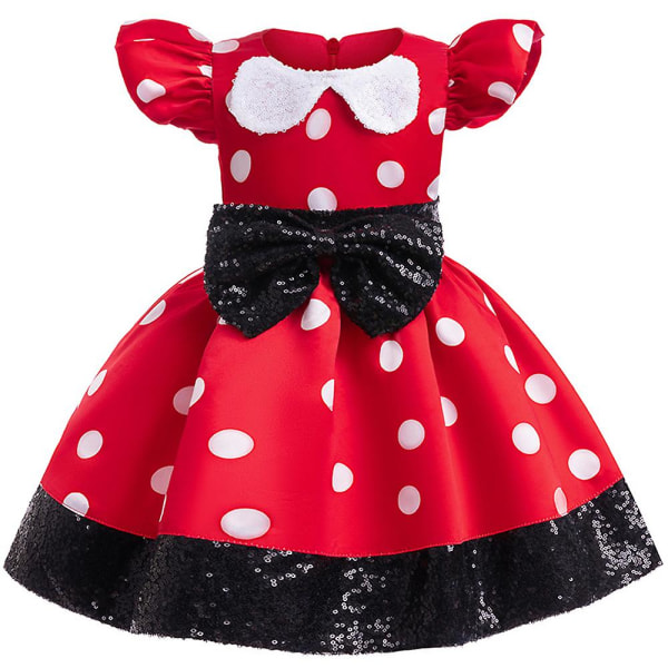 Barn Flickor Minnie Röd & Svart Söt tecknad A-line klänning Polka Dot Rosett Knot Decor Princess Dress 1-2Y