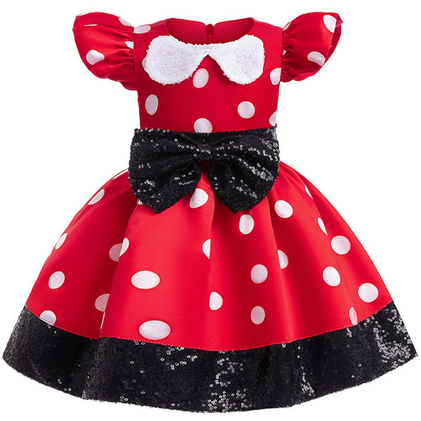 Barn Flickor Minnie Röd & Svart Söt tecknad A-line klänning Polka Dot Rosett Knot Decor Princess Dress 3-4Y